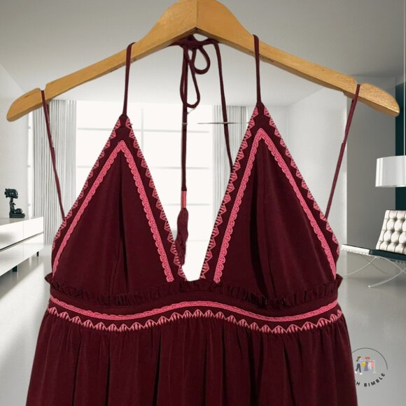 Express Burgundy Halter Maxi Dress with Pink Trim | Size Medium - Picture 4 of 13